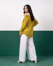 Chartreuse & White Three-Piece Oversized Shirt, Inner Top & Wrap Wide-Leg Trouser Co-ord Set, back view