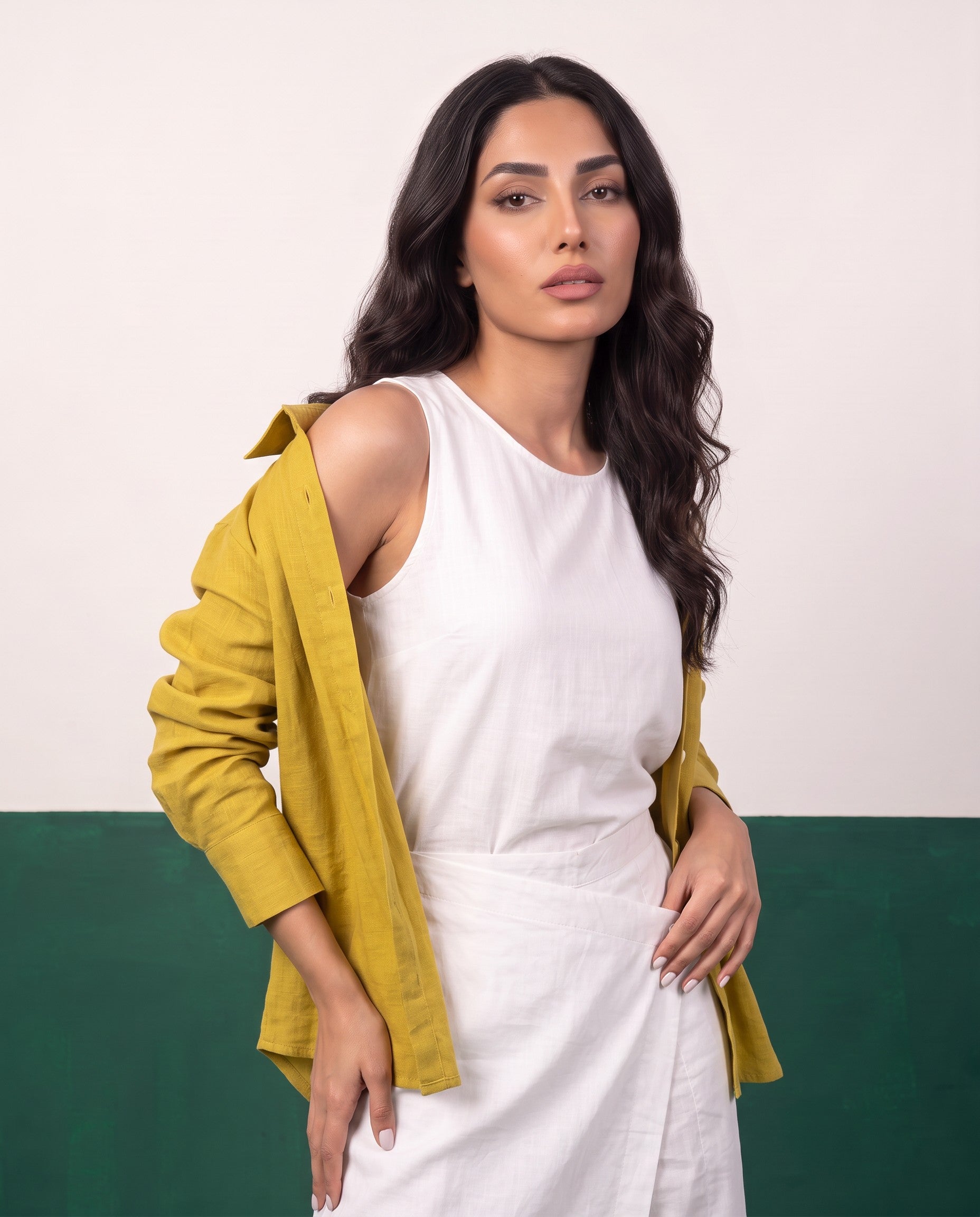 Chartreuse & White Three-Piece Oversized Shirt, Inner Top & Wrap Wide-Leg Trouser Co-ord Set, fabric detail