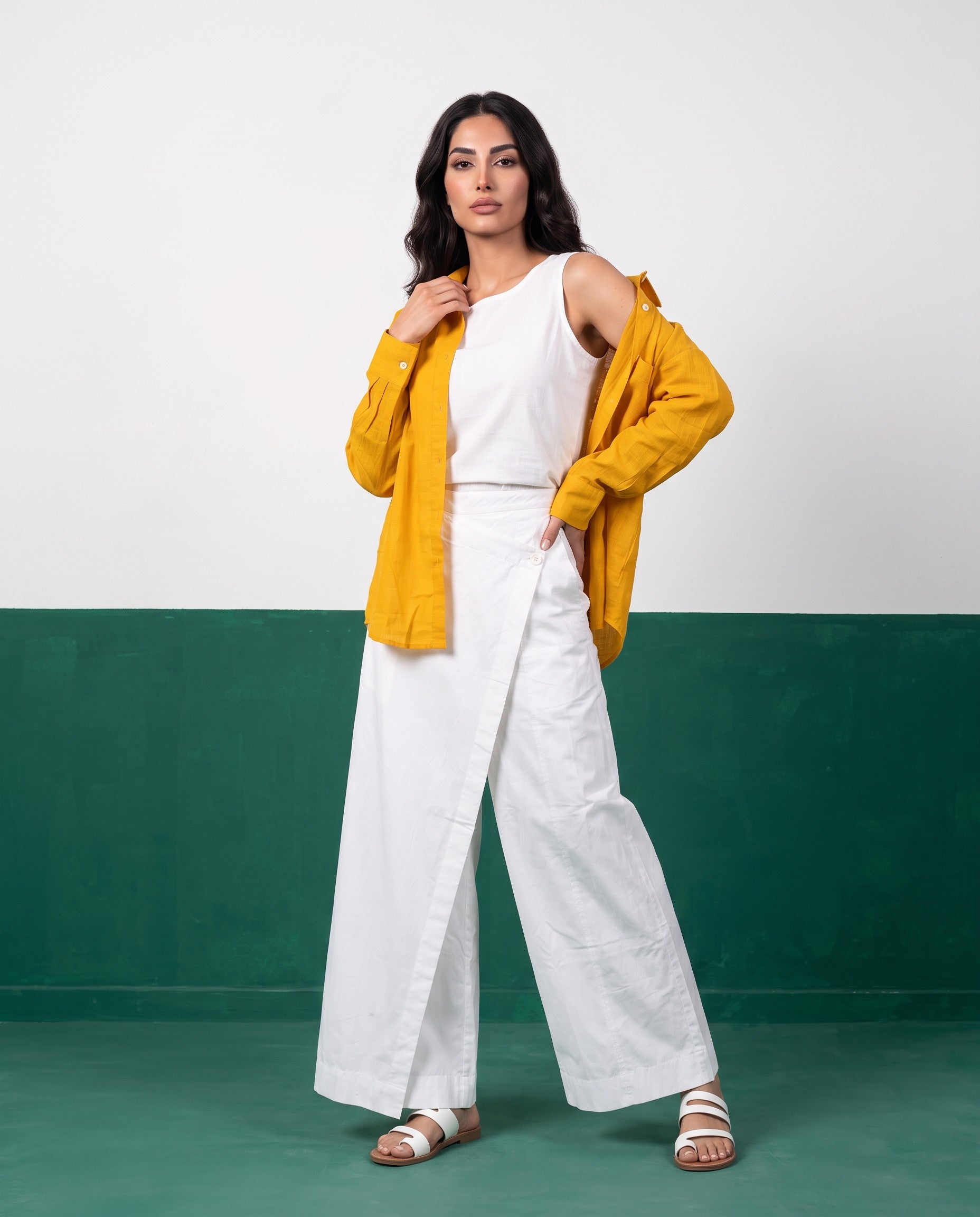 Sunflower & White Three-Piece Oversized Shirt, Inner Top & Wrap Wide-Leg Trouser Co-ord Set, front view