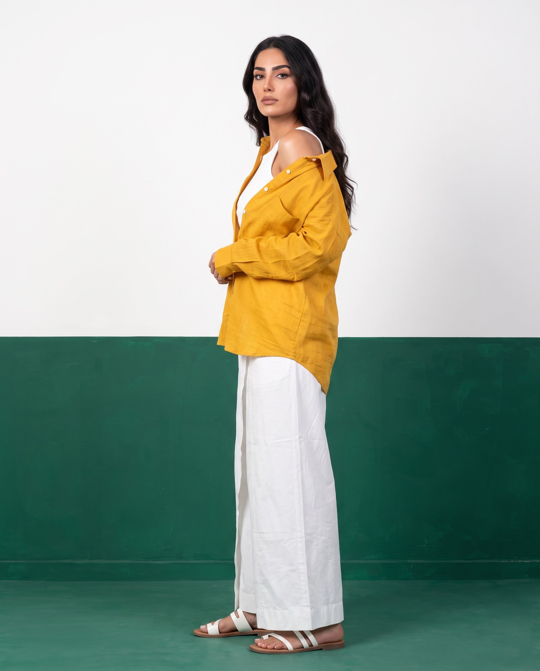Sunflower & White Three-Piece Oversized Shirt, Inner Top & Wrap Wide-Leg Trouser Co-ord Set, side view