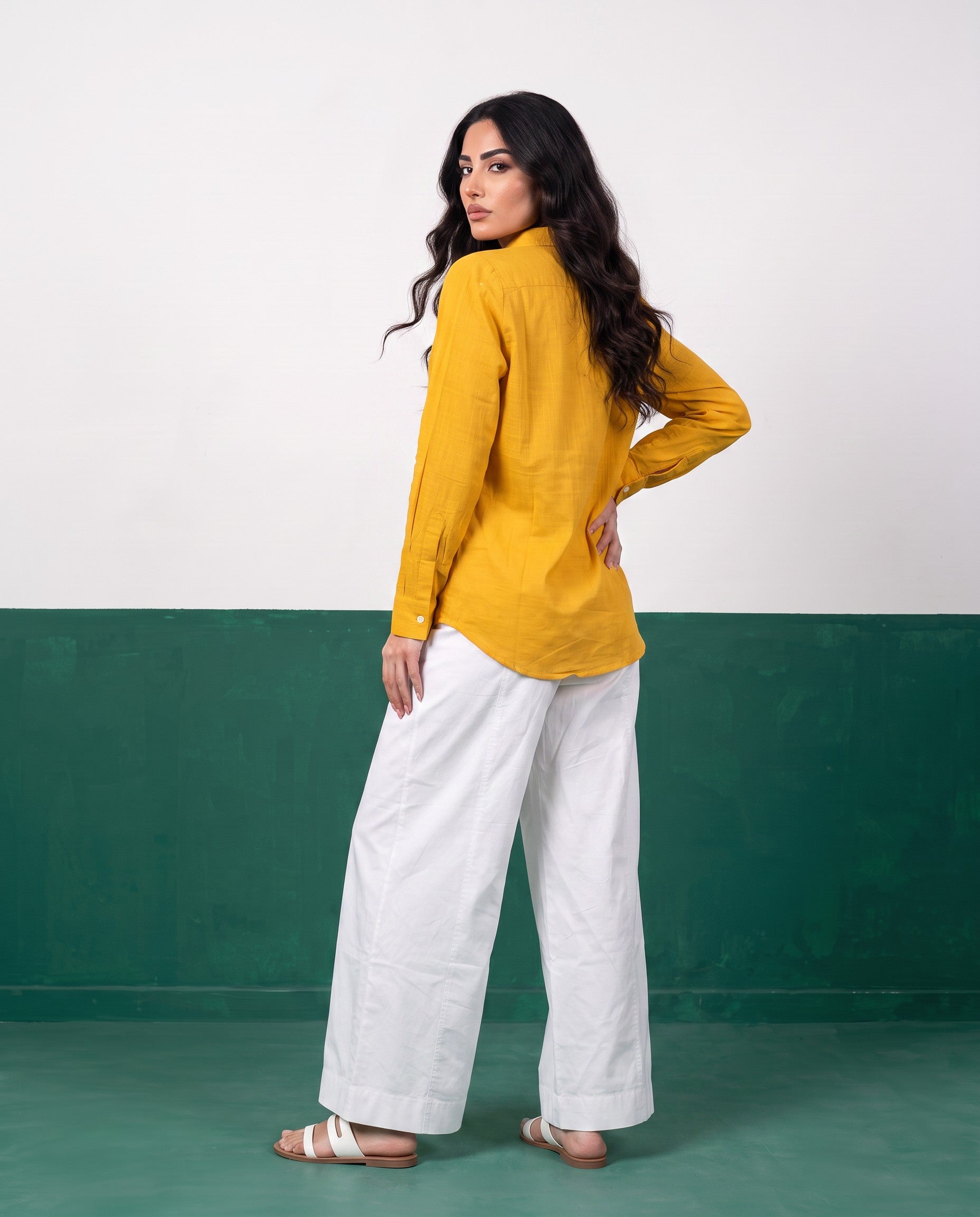 Sunflower & White Three-Piece Oversized Shirt, Inner Top & Wrap Wide-Leg Trouser Co-ord Set, back view