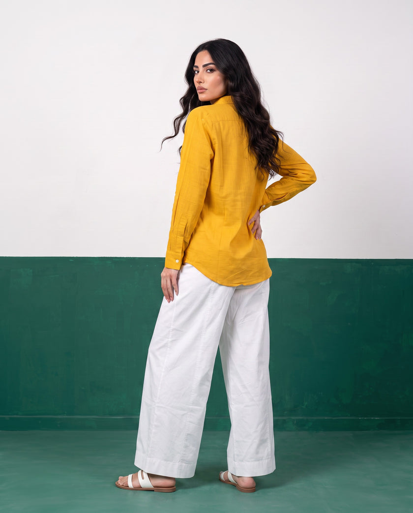 Sunflower & White Three-Piece Oversized Shirt, Inner Top & Wrap Wide-Leg Trouser Co-ord Set, back view