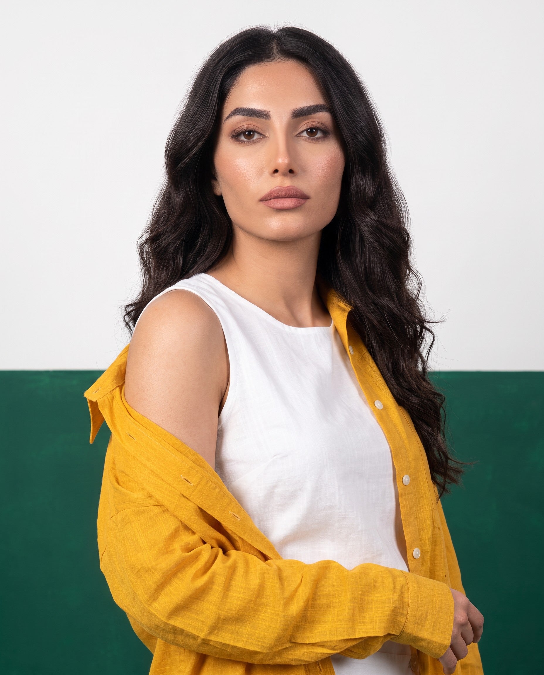 Sunflower & White Three-Piece Oversized Shirt, Inner Top & Wrap Wide-Leg Trouser Co-ord Set, fabric detail