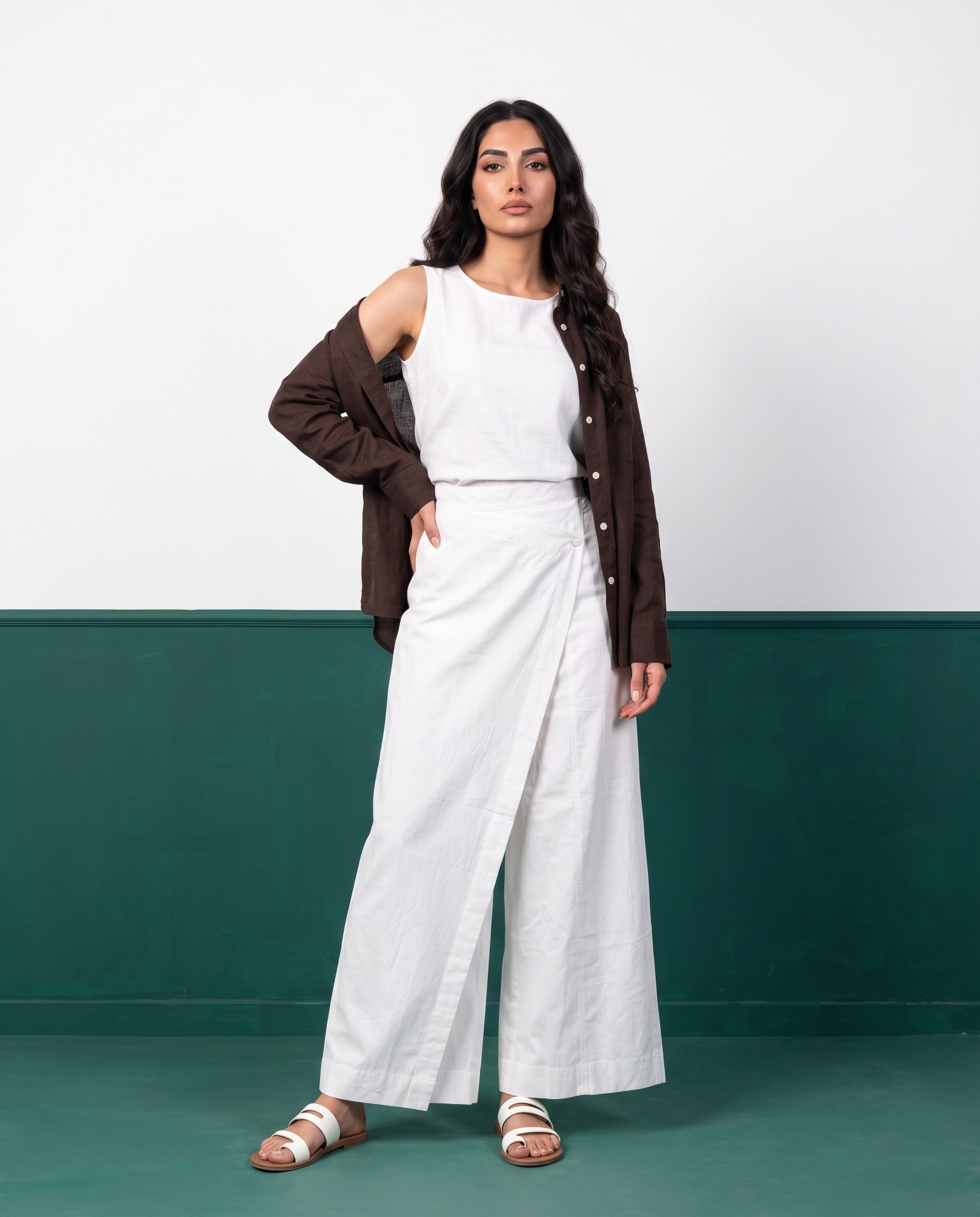 Dark Chocolate & White Three-Piece Oversized Shirt, Inner Top & Wrap Wide-Leg Trouser Co-ord Set, front view