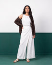 Dark Chocolate & White Three-Piece Oversized Shirt, Inner Top & Wrap Wide-Leg Trouser Co-ord Set, front view