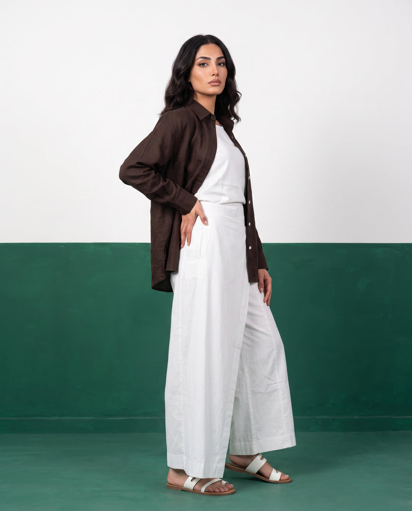Dark Chocolate & White Three-Piece Oversized Shirt, Inner Top & Wrap Wide-Leg Trouser Co-ord Set, side view