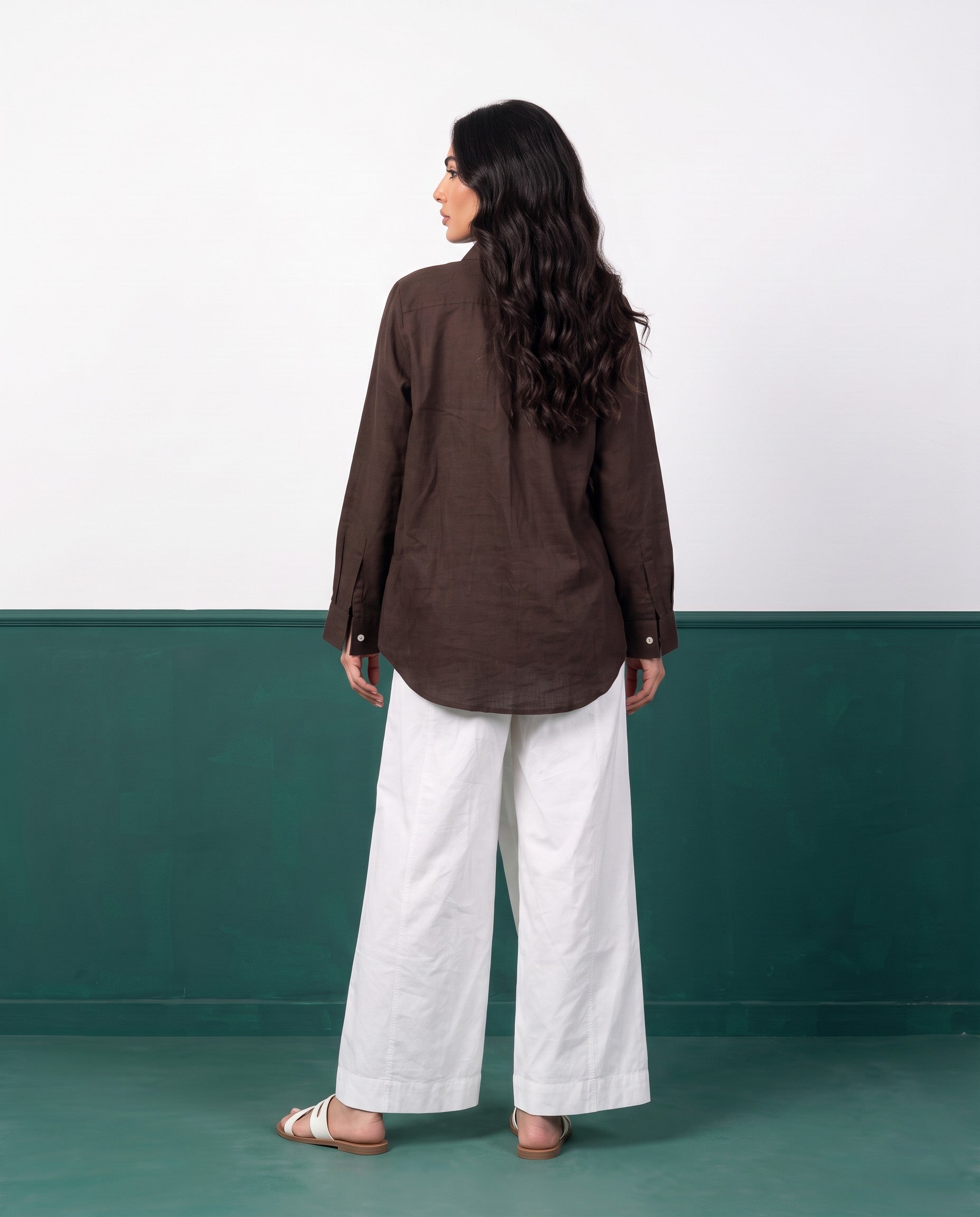 Dark Chocolate & White Three-Piece Oversized Shirt, Inner Top & Wrap Wide-Leg Trouser Co-ord Set, back view