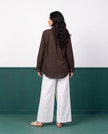 Dark Chocolate & White Three-Piece Oversized Shirt, Inner Top & Wrap Wide-Leg Trouser Co-ord Set, back view
