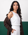 Dark Chocolate & White Three-Piece Oversized Shirt, Inner Top & Wrap Wide-Leg Trouser Co-ord Set, fabric detail
